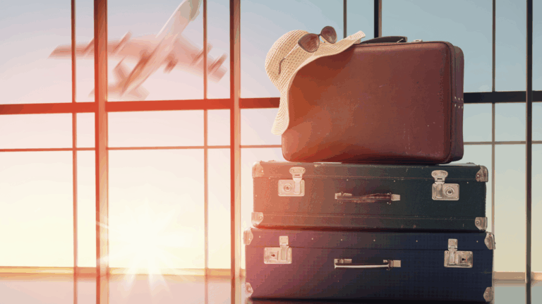 Vintage leather suitcase and travel accessories for international travel health preparation